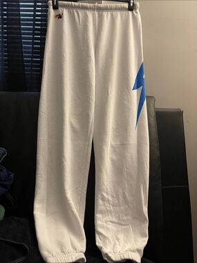 Aviator Nation White Bolt sweatpants with Blue Lightning Unisex Size Medium EUC